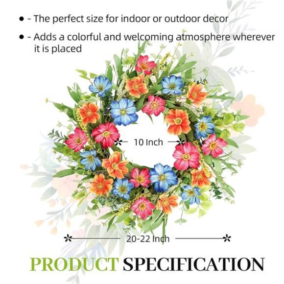 Summer Front Door Cosmos Flower Wreath, 20 Inch Spring Wreath Farmhouse Decor - Picture 2 of 7